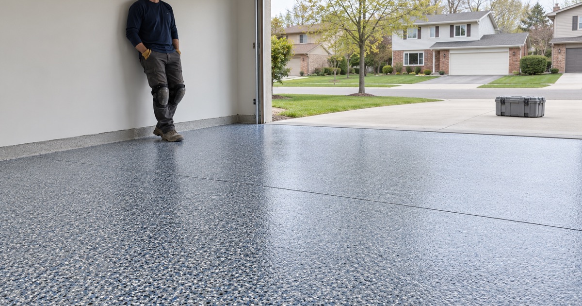 A floor installer resting against the wall of a finished attached Buffalo Grove garage at the end of the job.
