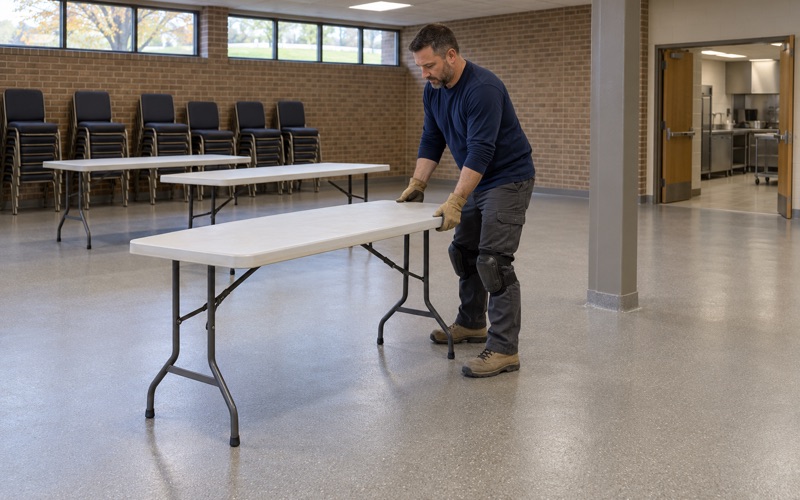 A folding table opened on a quartz-textured fellowship hall floor in a Buffalo Grove church.