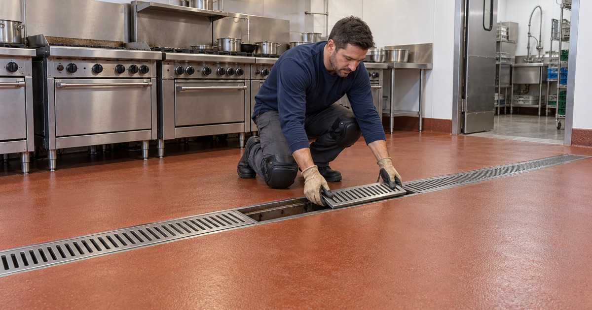 A stainless trench drain grate lowered back into a coved urethane cement floor in a Buffalo Grove restaurant kitchen.