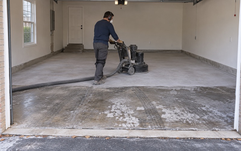 A walk-behind grinder with a dust shroud opening up the old sealed slab of an attached Buffalo Grove garage.