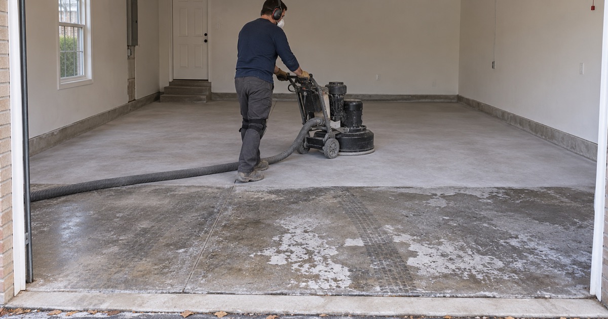 A walk-behind grinder with a dust shroud opening up the old sealed slab of an attached Buffalo Grove garage.