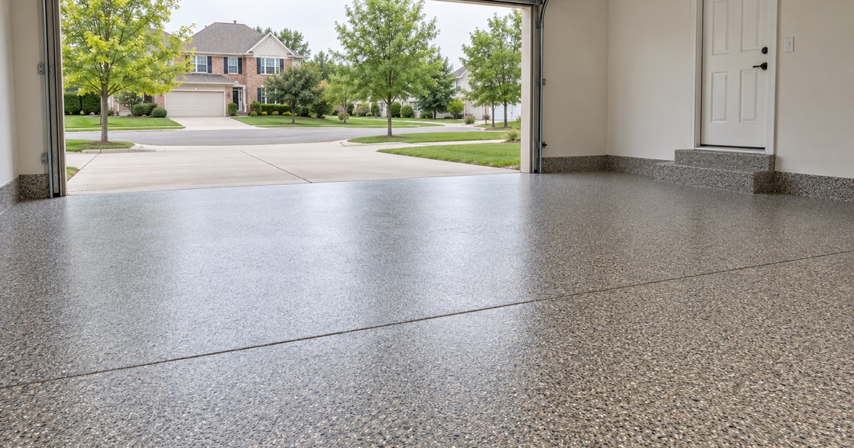 An empty attached Buffalo Grove garage with a finished charcoal and tan flake floor, the door raised to morning light.