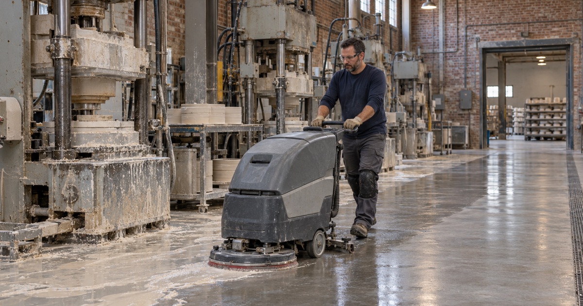 A walk-behind scrubber taking wet clay slip off a sealed floor beside the machines of an Antioch porcelain factory.