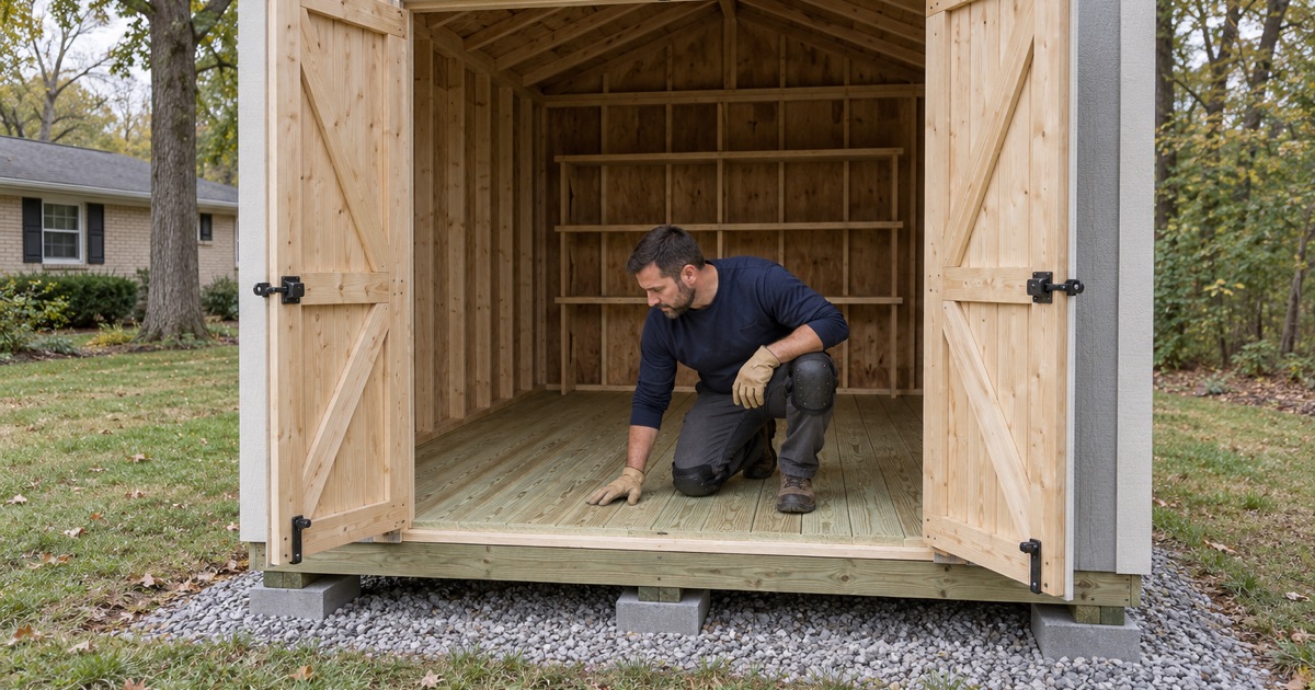 A worker checking the treated wood floor of a new backyard shed on skids in Beach Park, a surface a garage epoxy does not suit.