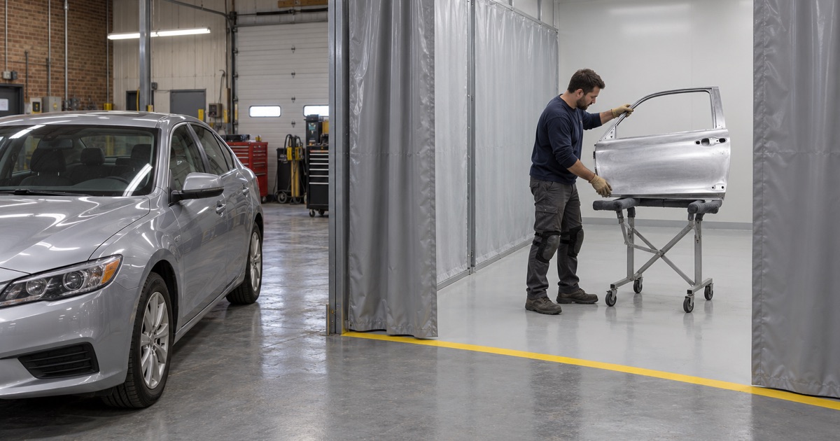 An aluminum door panel set on a padded stand inside the marked clean room of a Bellwood collision shop.