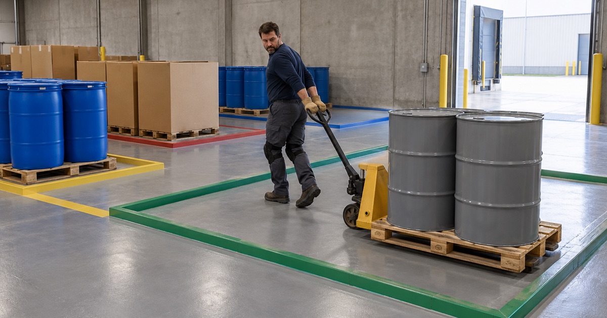 A pallet of overpacked drums pulled into a marked bay on a seamless floor in a Bensenville dangerous-goods warehouse.