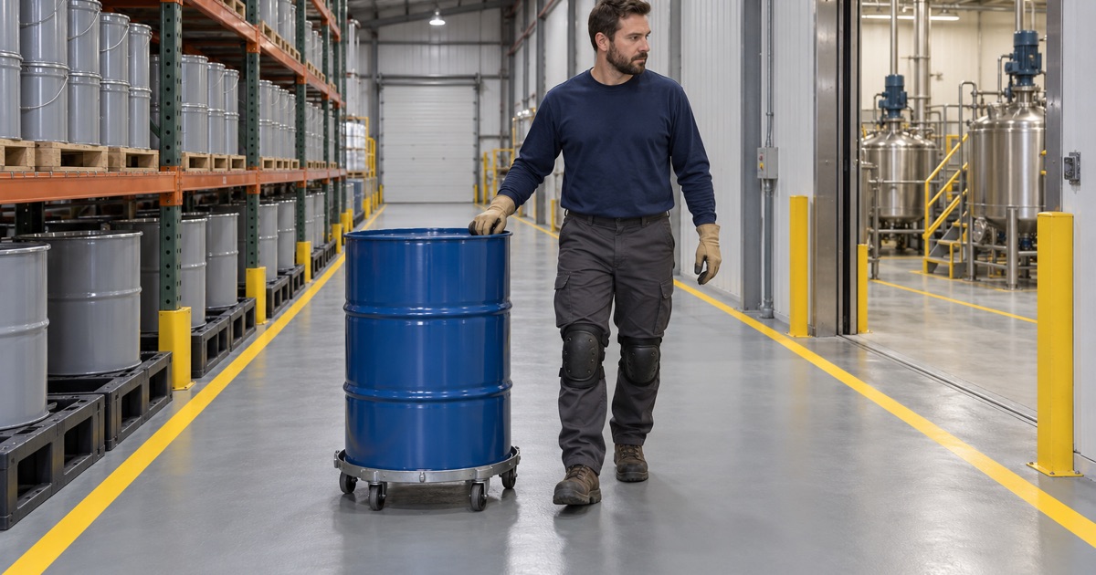 A drum of solvent guided along a marked aisle on a sealed floor in a Cary paint plant.