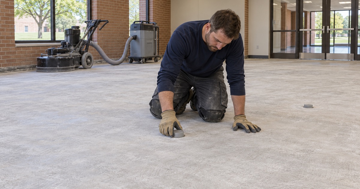 A ground slab in a Deerfield senior building with in-slab moisture probes set before any resin