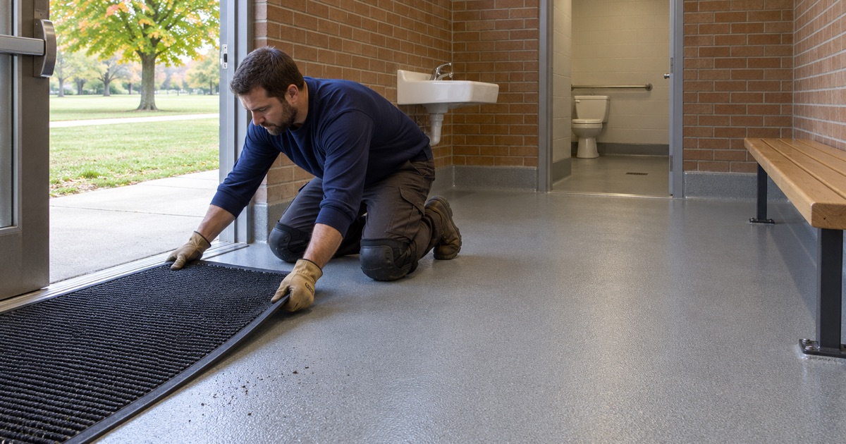A brush mat at the door of a Fox Lake park building, keeping beach sand off a coated floor
