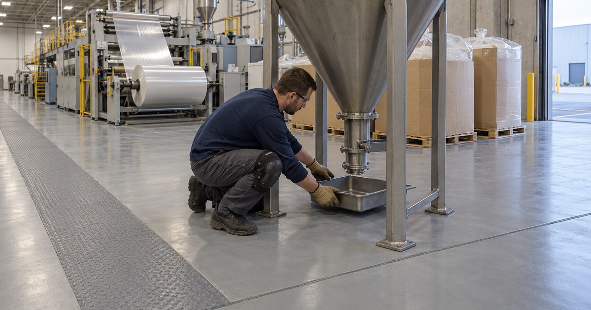 A catch pan slid under a pellet hopper valve on a sealed, sweepable floor in a Franklin Park packaging plant.