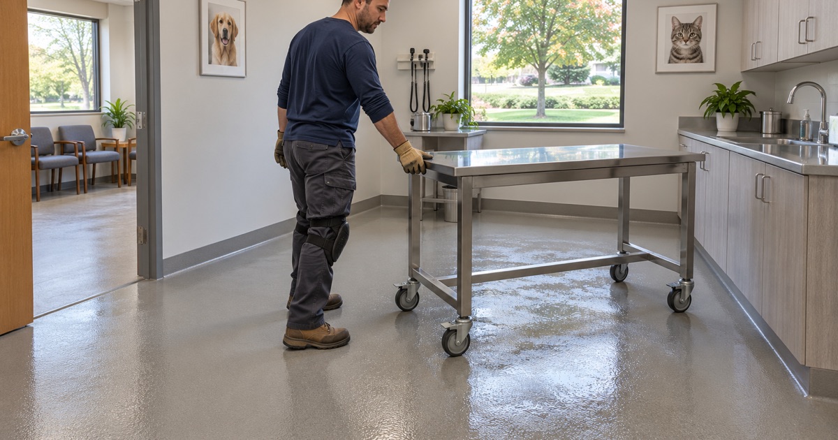A seamless floor coved under the casework of a Lake Forest animal clinic exam room, with no crevice for flea larvae