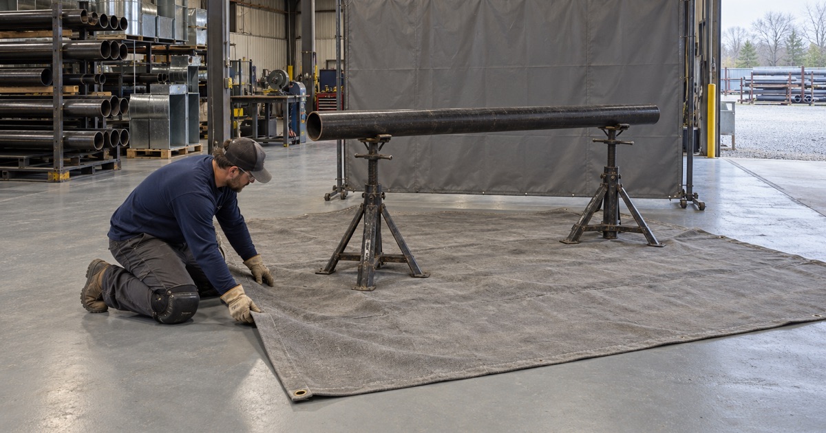 A fire-resistant welding blanket laid around the pipe stands of a weld station on a coated Lake Zurich shop floor.