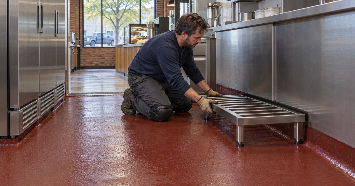 A sealed, acid-resistant floor behind a Norridge frozen dessert counter, rinsed the same day