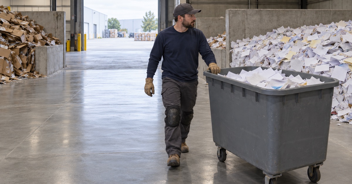 A bin cart of sorted paper wheeled across the sealed tip floor of a Northlake paper recovery plant.