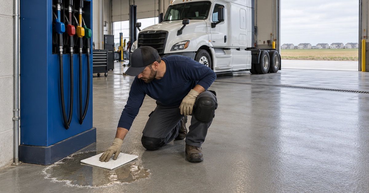 A white absorbent pad pressed onto a small diesel exhaust fluid spill on a textured truck-bay floor in Pingree Grove.