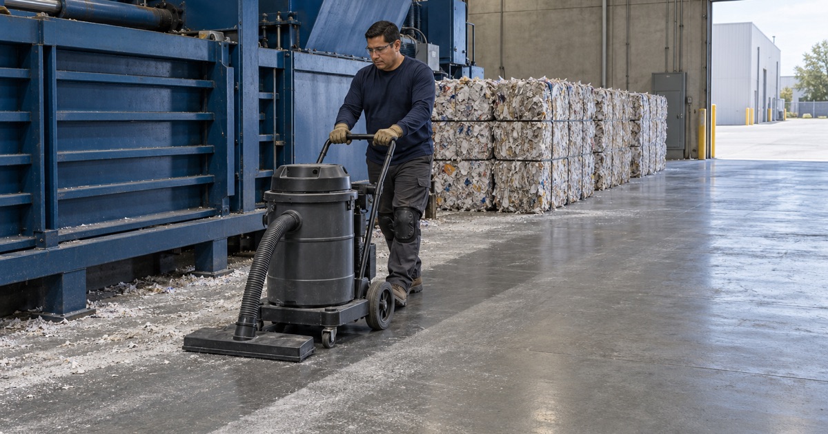 A walk-behind vacuum cleaning paper dust off a smooth sealed floor beside the baler in a Schiller Park shredding plant.