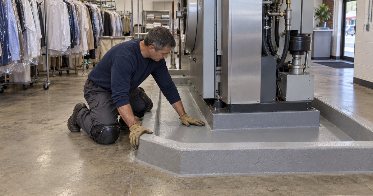 A seamless coated containment dike around a drycleaning machine in a Westchester cleaner’s plant.