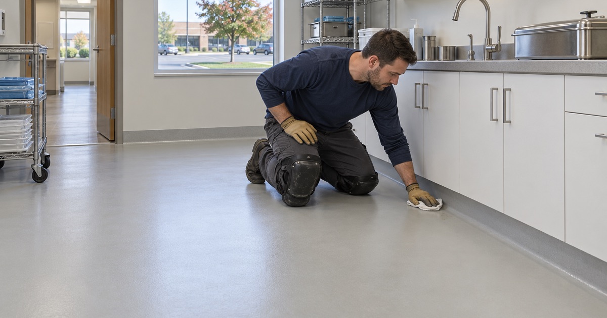 A seamless coved floor in a Winfield hospital workroom where a dried spill is wiped off completely