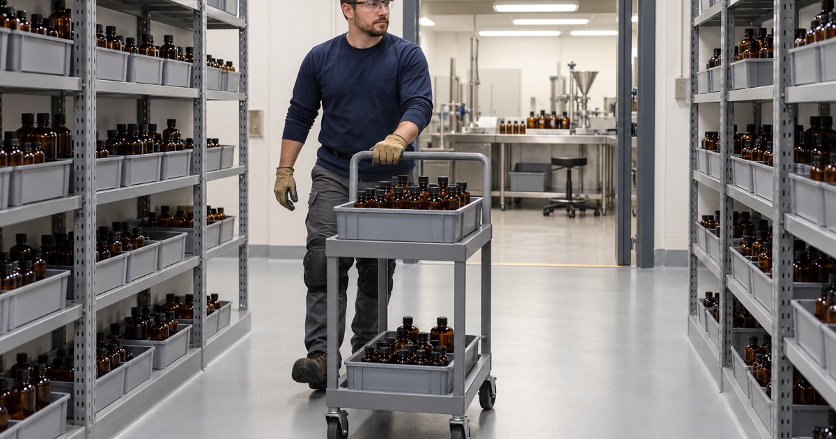 A pick cart of small reagent bottles pushed along a seamless, coved floor in a Wood Dale chemical distribution warehouse.