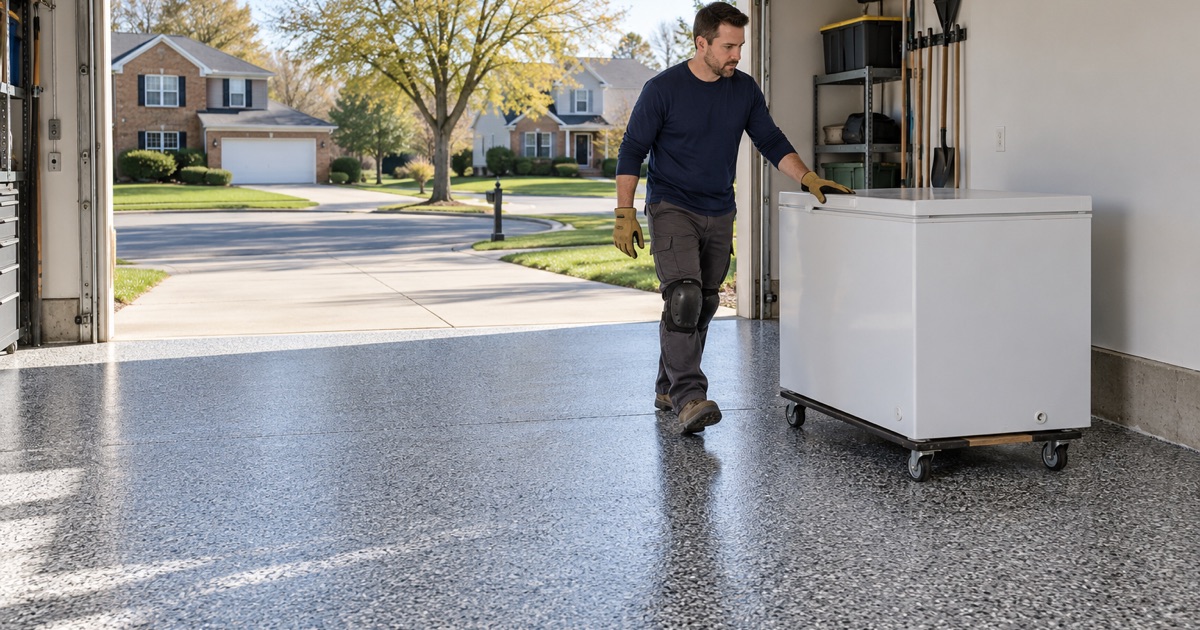 A chest freezer eased back on a dolly onto a full-broadcast granite-look flake floor in a Buffalo Grove garage.