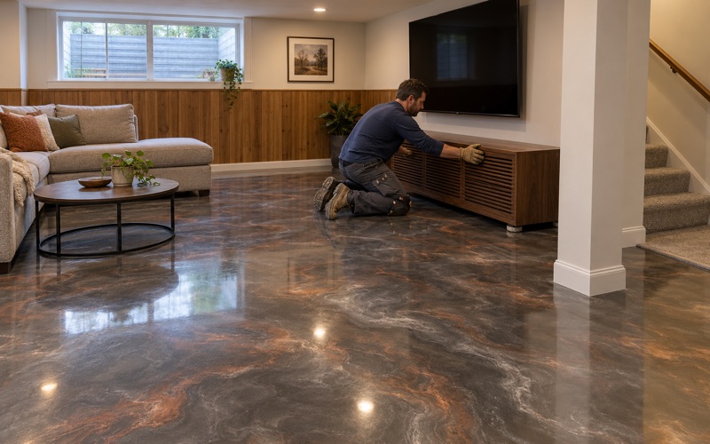A low media cabinet slid back onto a swirled pewter and copper metallic epoxy floor in a Buffalo Grove lower-level family room.