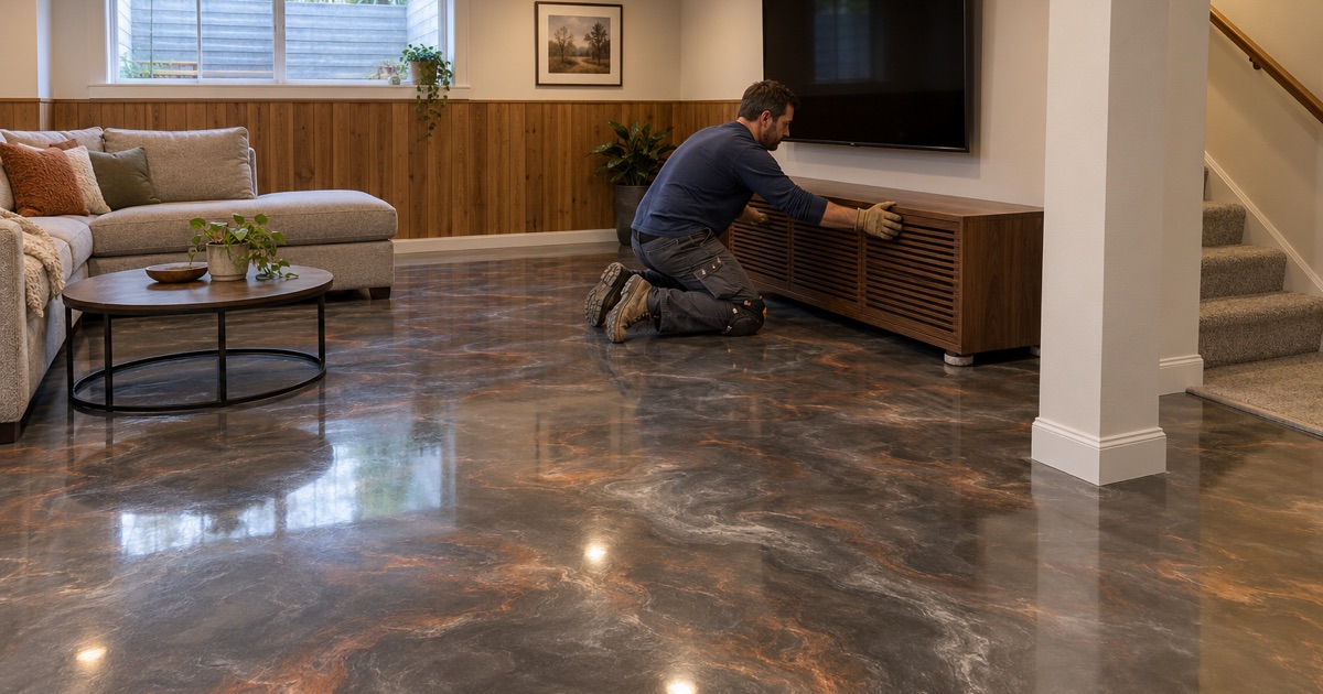 A low media cabinet slid back onto a swirled pewter and copper metallic epoxy floor in a Buffalo Grove lower-level family room.