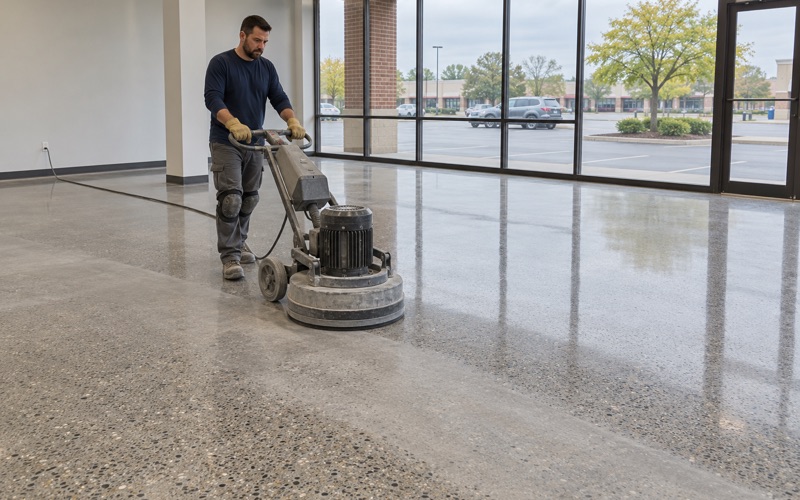 A walk-behind polisher bringing a ground concrete floor to a clear gloss in an empty Buffalo Grove retail space.