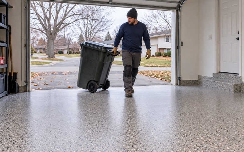 A garbage cart rolled back into a Buffalo Grove garage on its same-day polyaspartic flake floor on a cold fall afternoon.